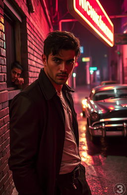 A tense scene from a LGBTQ crime thriller, featuring a diverse cast of characters in an urban alleyway at night