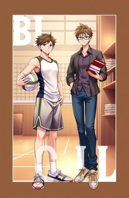 A captivating BL cover featuring two boys, one is a tall, athletic volleyball player with a confident stance, wearing a fitted volleyball jersey and shorts, holding a volleyball