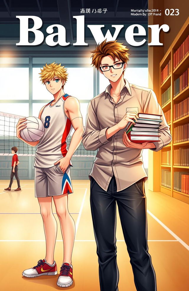 A captivating BL cover featuring two boys, one is a tall, athletic volleyball player with a confident stance, wearing a fitted volleyball jersey and shorts, holding a volleyball