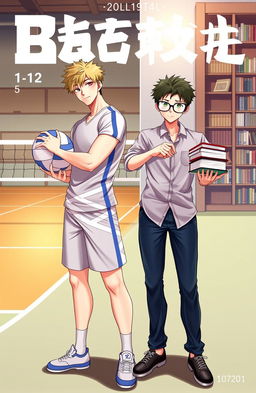 A captivating BL cover featuring two boys, one is a tall, athletic volleyball player with a confident stance, wearing a fitted volleyball jersey and shorts, holding a volleyball