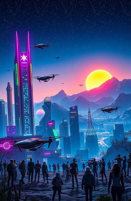 A vibrant science fiction landscape featuring a futuristic cityscape with towering skyscrapers made of glass and metal, illuminated by colorful neon lights