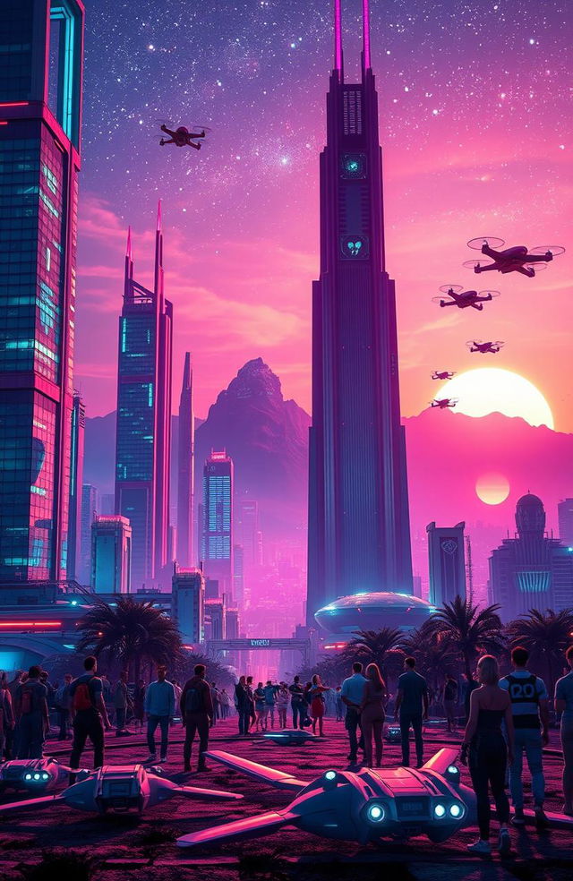 A vibrant science fiction landscape featuring a futuristic cityscape with towering skyscrapers made of glass and metal, illuminated by colorful neon lights