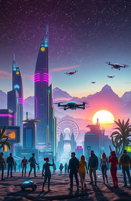 A vibrant science fiction landscape featuring a futuristic cityscape with towering skyscrapers made of glass and metal, illuminated by colorful neon lights