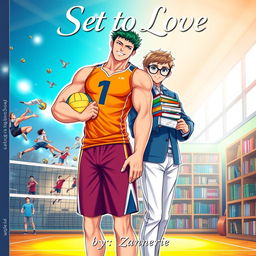 A stunning BL cover featuring two boys, one is a tall, muscular volleyball player with a confident smile, wearing a vibrant fitted volleyball jersey and shorts, holding a volleyball close to his chest