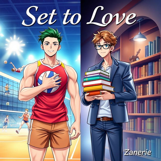 A stunning BL cover featuring two boys, one is a tall, muscular volleyball player with a confident smile, wearing a vibrant fitted volleyball jersey and shorts, holding a volleyball close to his chest