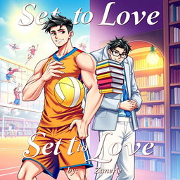A stunning BL cover featuring two boys, one is a tall, muscular volleyball player with a confident smile, wearing a vibrant fitted volleyball jersey and shorts, holding a volleyball close to his chest