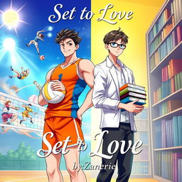 A stunning BL cover featuring two boys, one is a tall, muscular volleyball player with a confident smile, wearing a vibrant fitted volleyball jersey and shorts, holding a volleyball close to his chest
