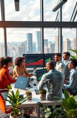 A visually inspiring and motivational scene depicting a diverse group of people collaborating in a modern office environment, full of energy and creativity