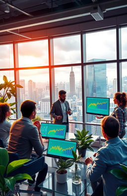 A visually inspiring and motivational scene depicting a diverse group of people collaborating in a modern office environment, full of energy and creativity