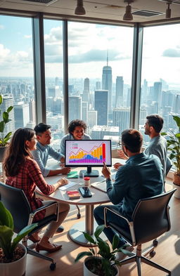 A visually inspiring and motivational scene depicting a diverse group of people collaborating in a modern office environment, full of energy and creativity