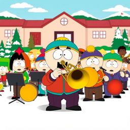 A dynamic cartoon scene inspired by the South Park style, featuring a spirited band performance with South Park characters, prominently showcasing a character enthusiastically playing a trombone