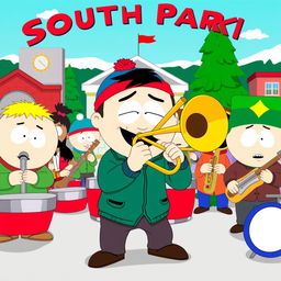 A dynamic cartoon scene inspired by the South Park style, featuring a spirited band performance with South Park characters, prominently showcasing a character enthusiastically playing a trombone