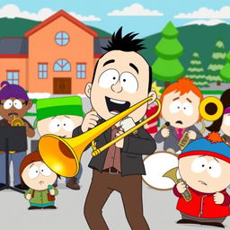 A dynamic cartoon scene inspired by the South Park style, featuring a spirited band performance with South Park characters, prominently showcasing a character enthusiastically playing a trombone