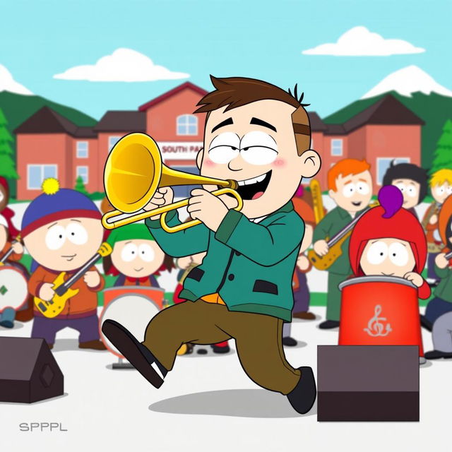 A dynamic cartoon scene inspired by the South Park style, featuring a spirited band performance with South Park characters, prominently showcasing a character enthusiastically playing a trombone