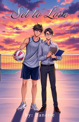 A captivating BL cover featuring two boys: one is a tall and athletic volleyball player with a confident stance, wearing a sporty jersey and shorts, showcasing his toned physique and holding a volleyball