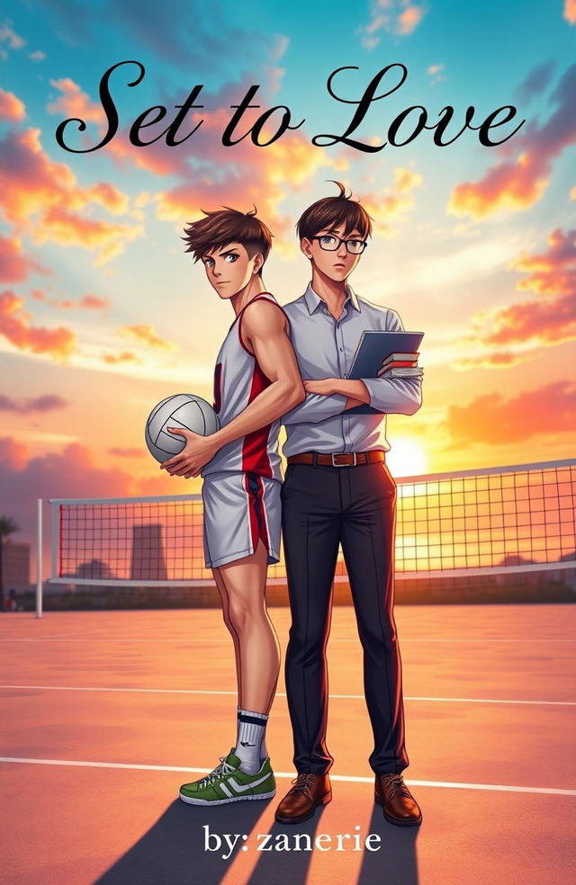 A captivating BL cover featuring two boys: one is a tall and athletic volleyball player with a confident stance, wearing a sporty jersey and shorts, showcasing his toned physique and holding a volleyball