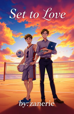 A captivating BL cover featuring two boys: one is a tall and athletic volleyball player with a confident stance, wearing a sporty jersey and shorts, showcasing his toned physique and holding a volleyball