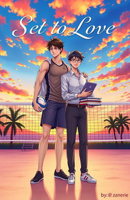 A captivating BL cover featuring two boys: one is a tall and athletic volleyball player with a confident stance, wearing a sporty jersey and shorts, showcasing his toned physique and holding a volleyball