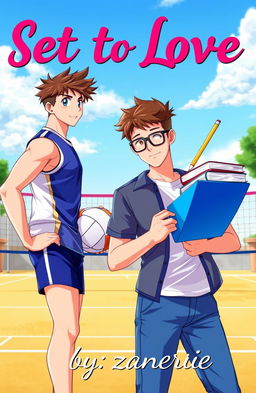 A vibrant and romantic book cover featuring two boys