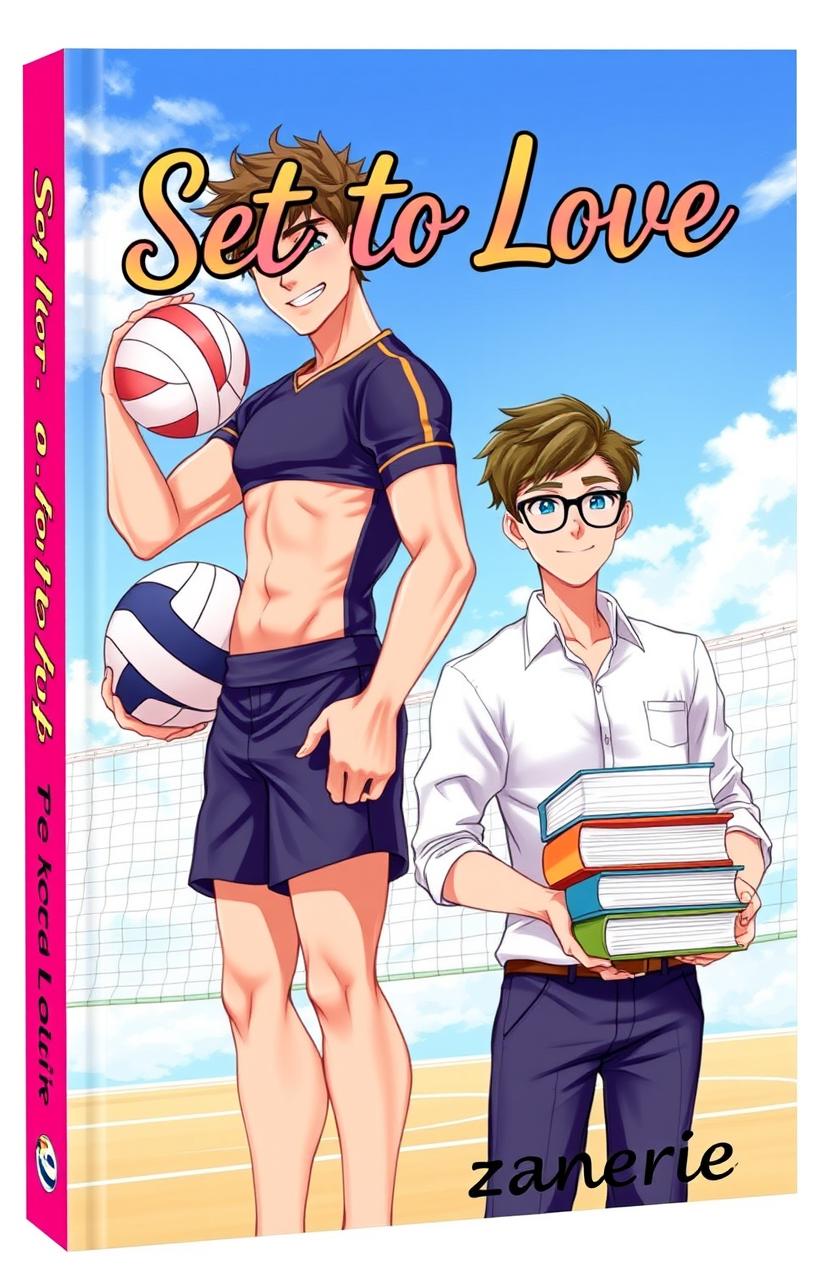 A vibrant and romantic book cover featuring two boys