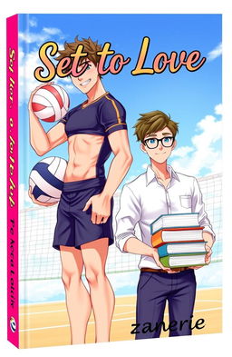 A vibrant and romantic book cover featuring two boys