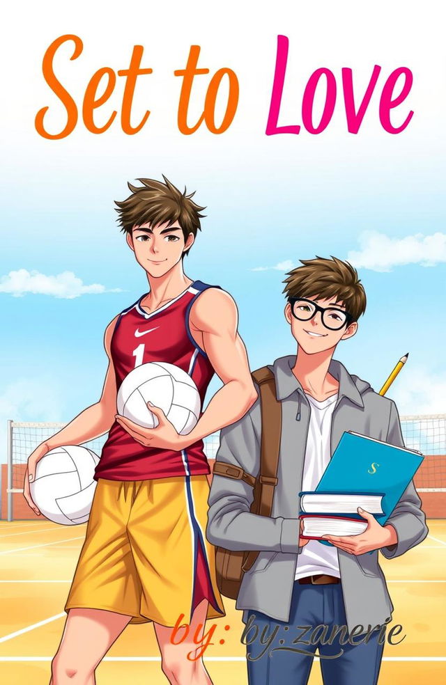 A vibrant and romantic book cover featuring two boys