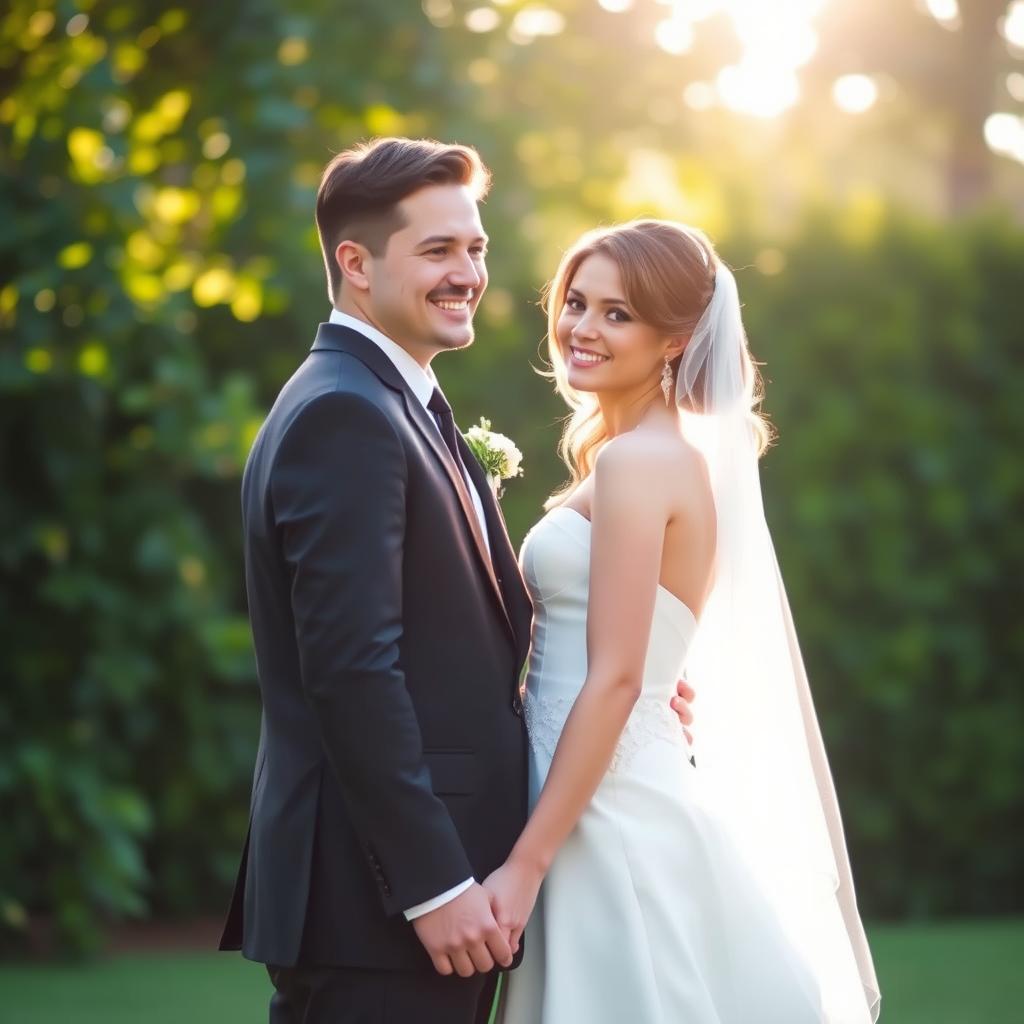 A wedding couple standing together, the groom in a tailored black suit and the bride in an elegant white wedding dress, both facing the sun