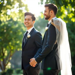 A wedding couple standing together, the groom in a tailored black suit and the bride in an elegant white wedding dress, both facing the sun