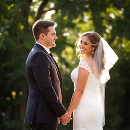A wedding couple standing together, the groom in a tailored black suit and the bride in an elegant white wedding dress, both facing the sun