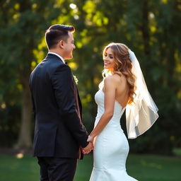 A wedding couple standing together, the groom in a tailored black suit and the bride in an elegant white wedding dress, both facing the sun
