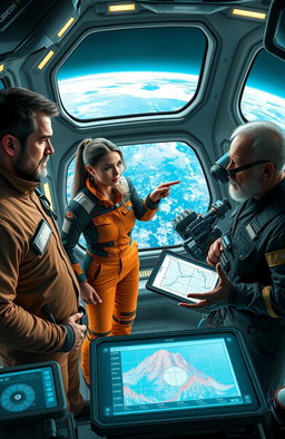 In a futuristic laboratory on a floating research station above earth, four main characters can be seen discussing the recent unexpected seismic activities