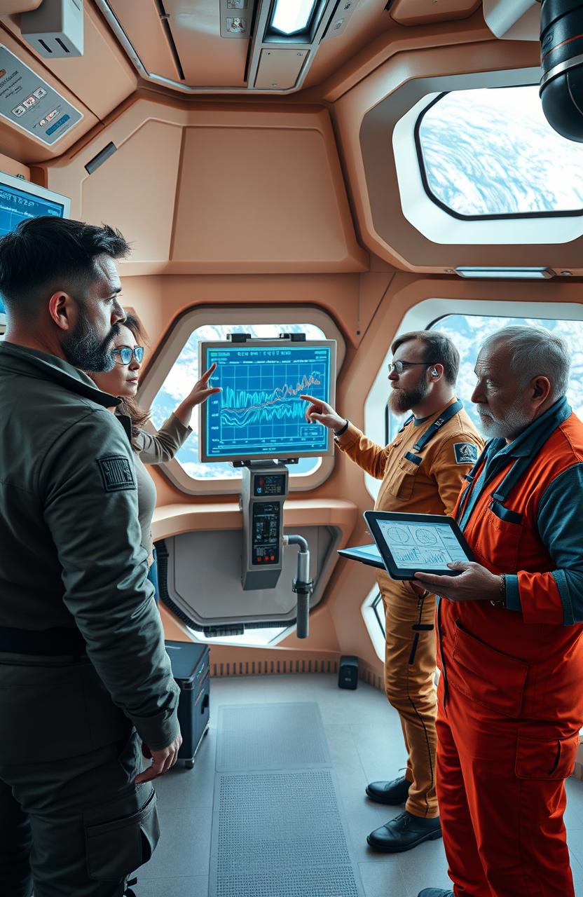 In a futuristic laboratory on a floating research station above earth, four main characters can be seen discussing the recent unexpected seismic activities