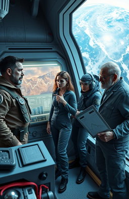 In a futuristic laboratory on a floating research station above earth, four main characters can be seen discussing the recent unexpected seismic activities