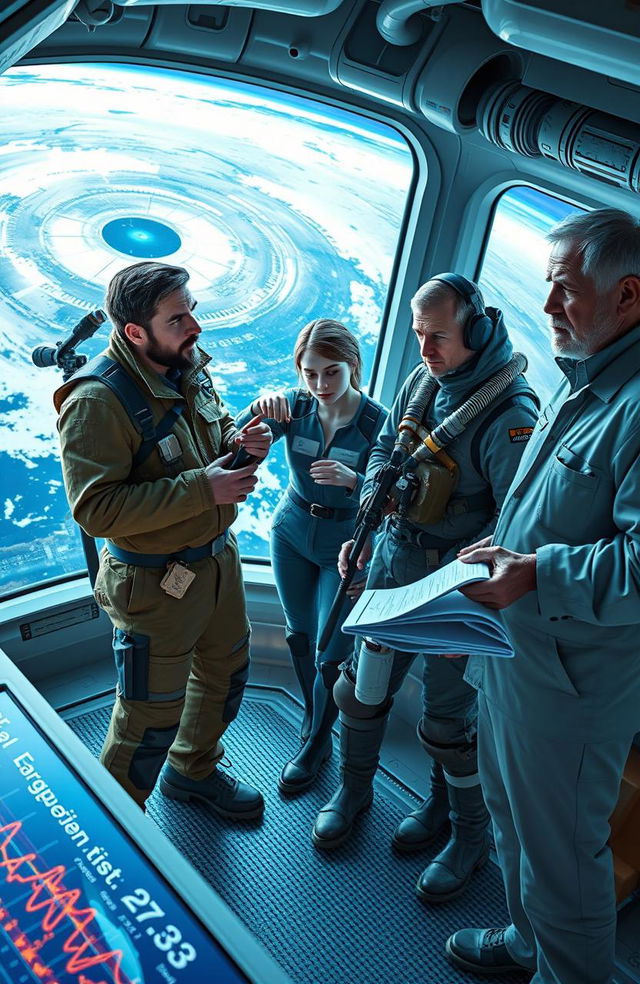 In a futuristic laboratory on a floating research station above earth, four main characters can be seen discussing the recent unexpected seismic activities