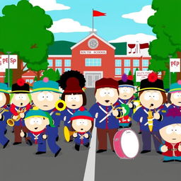 A colorful cartoon scene inspired by the South Park style, featuring a lively marching band parade with South Park characters