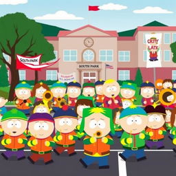 A colorful cartoon scene inspired by the South Park style, featuring a lively marching band parade with South Park characters