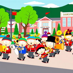 A colorful cartoon scene inspired by the South Park style, featuring a lively marching band parade with South Park characters