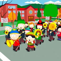 A colorful cartoon scene inspired by the South Park style, featuring a lively marching band parade with South Park characters