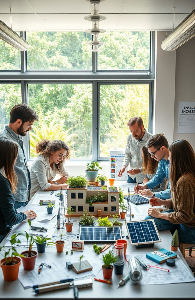 An educational scene depicting a group of diverse engineering students engaged in a collaborative project on sustainable engineering