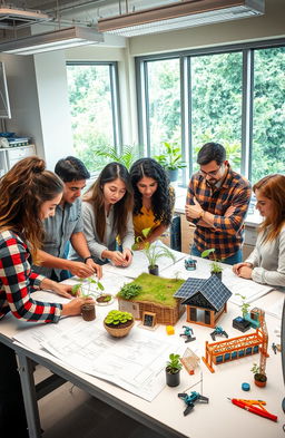 An educational scene depicting a group of diverse engineering students engaged in a collaborative project on sustainable engineering