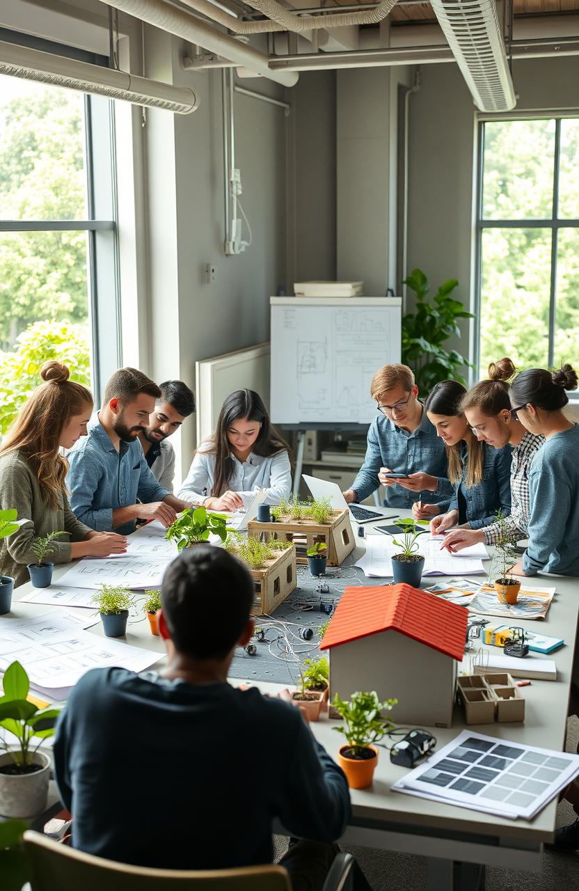 An educational scene depicting a group of diverse engineering students engaged in a collaborative project on sustainable engineering