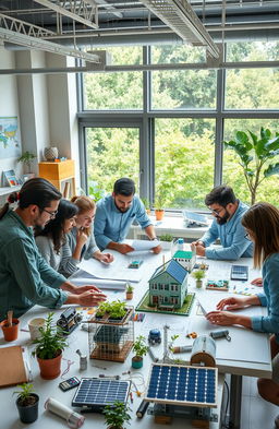 An educational scene depicting a group of diverse engineering students engaged in a collaborative project on sustainable engineering