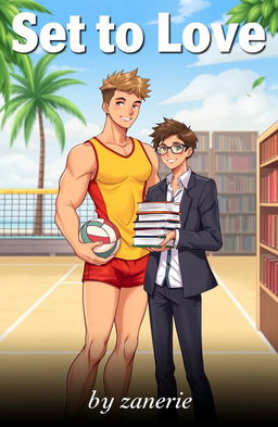 A romantic book cover illustration featuring two male characters