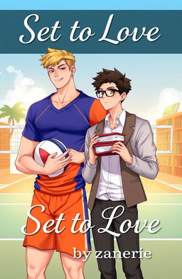 A romantic book cover illustration featuring two male characters
