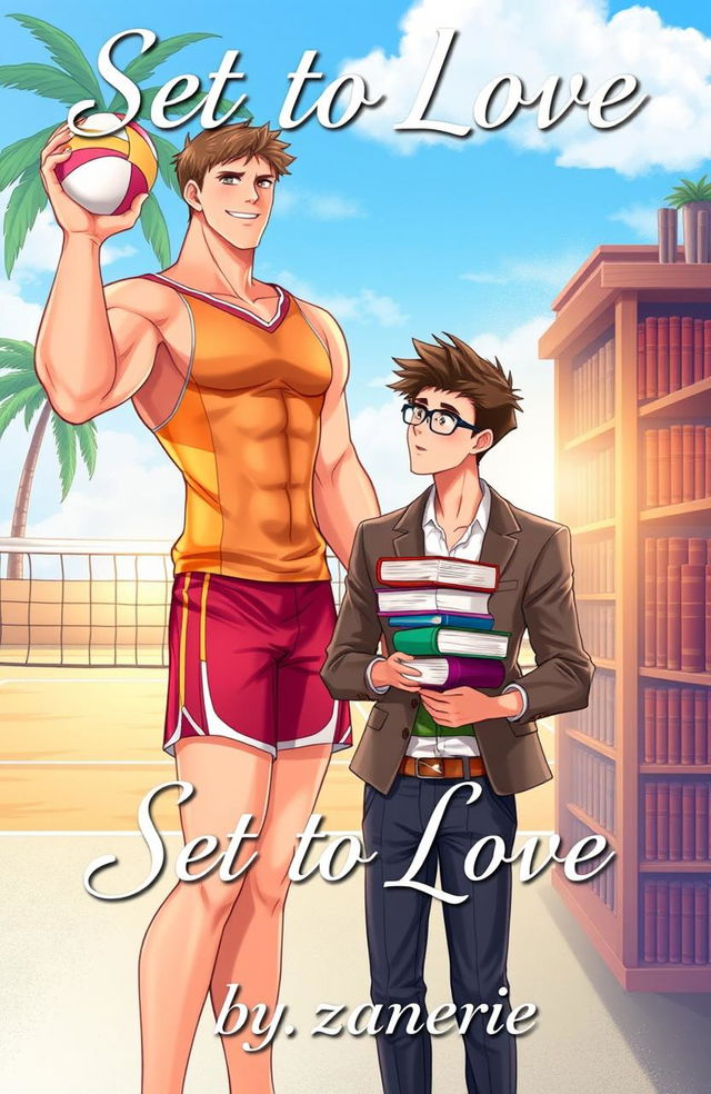 A romantic book cover illustration featuring two male characters