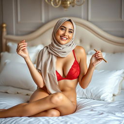 A stunning woman wearing a hijab and a vibrant red bra, playfully sitting on a beautifully made bed