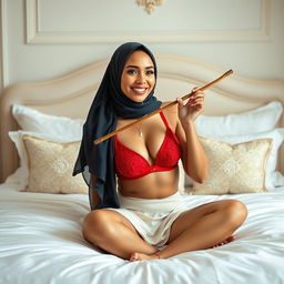 A stunning woman wearing a hijab and a vibrant red bra, playfully sitting on a beautifully made bed
