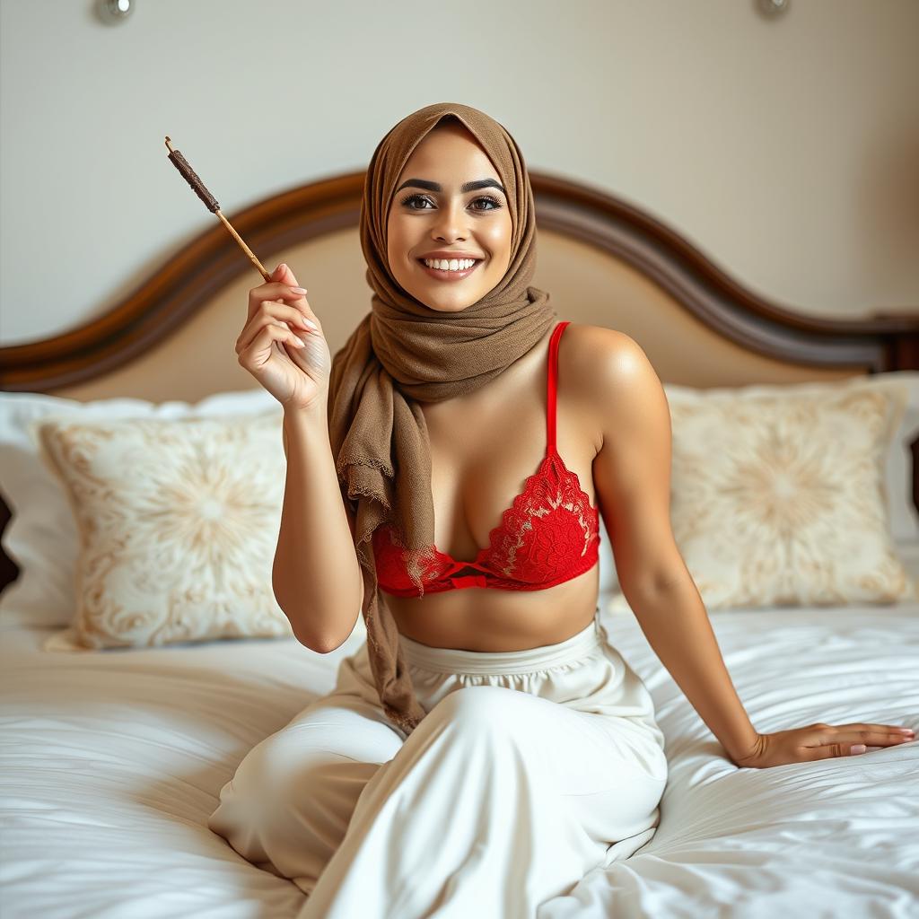 A stunning woman wearing a hijab and a vibrant red bra, playfully sitting on a beautifully made bed