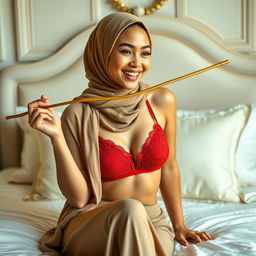 A stunning woman wearing a hijab and a vibrant red bra, playfully sitting on a beautifully made bed