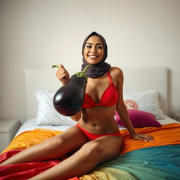 A woman wearing a stylish hijab is playfully holding an oversized eggplant while sitting on a neatly made bed